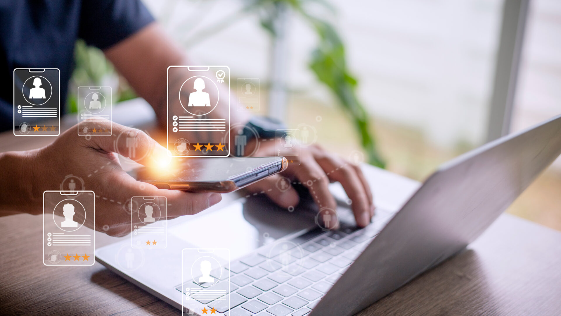 Digital recruitment application specialist search service concept with virtual cards with rating and candidate profile information on a smartphone in hand.