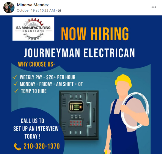 Minerva Facebook post of an image that states, "Now hiring a journeyman electrician"