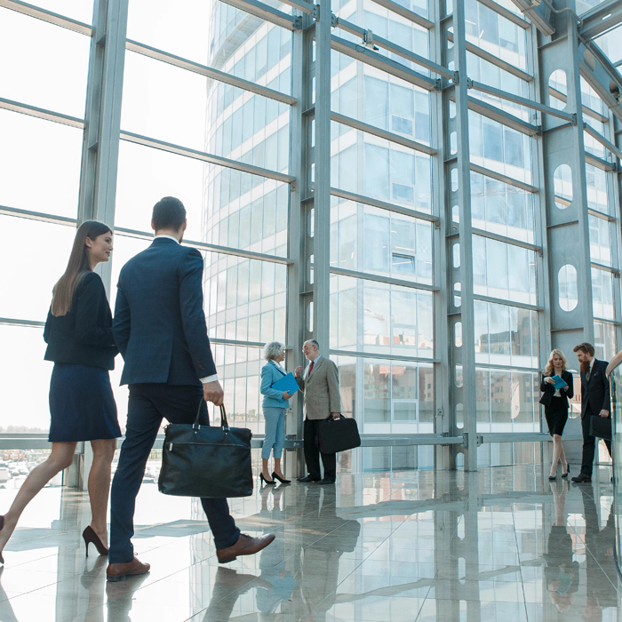 Professionals walking in a building and holding briefcases