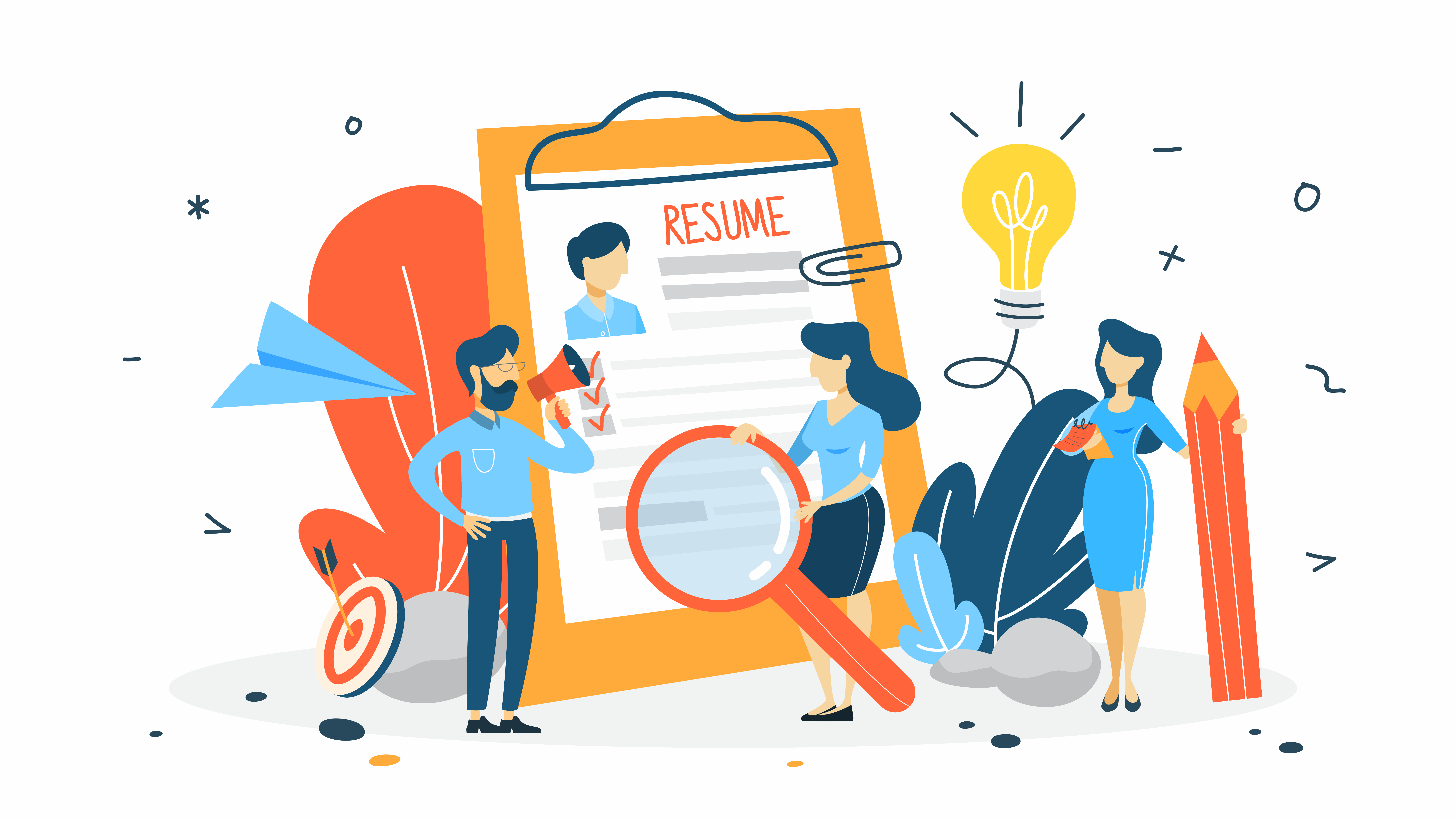 Three professionals looking over a resume
