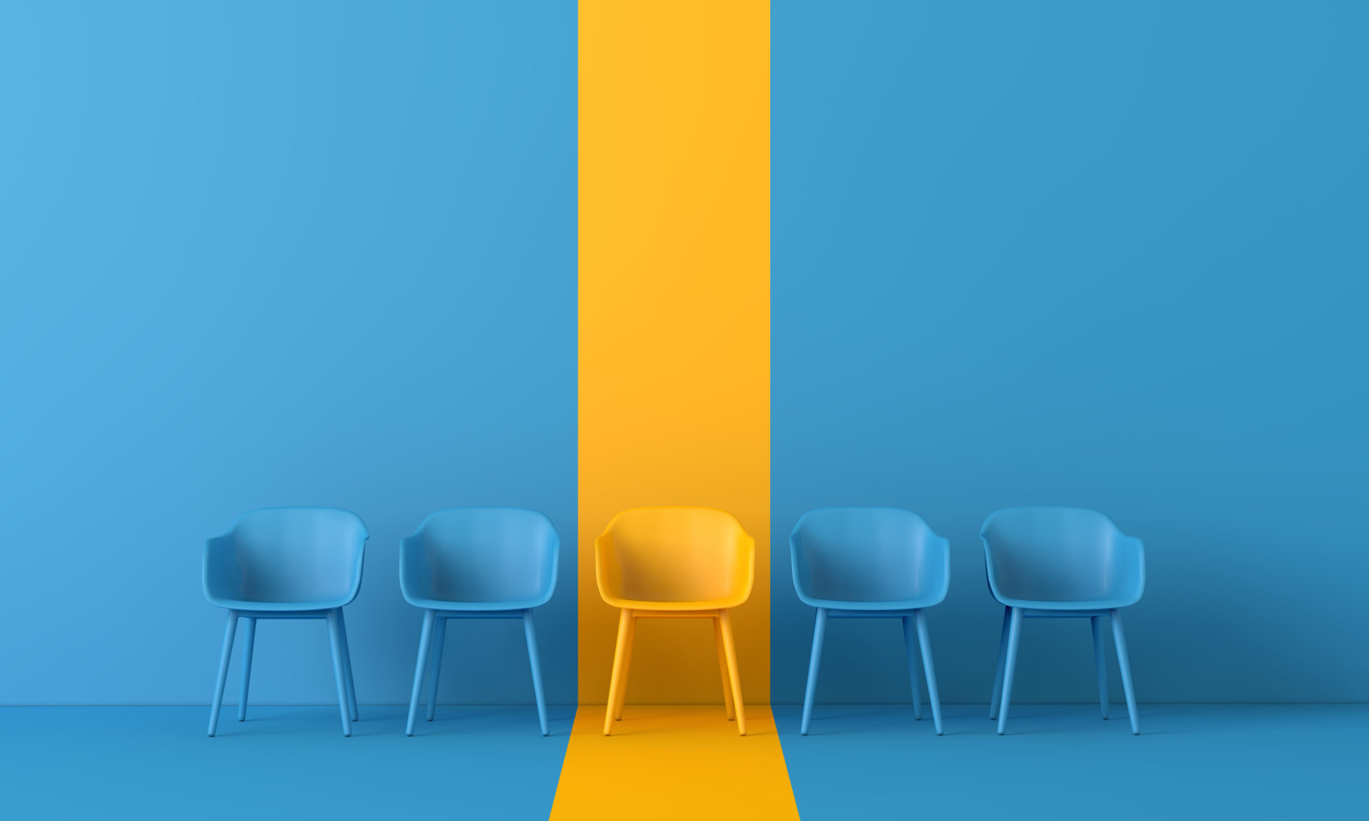 Four blue chairs with a yellow chair in the middle