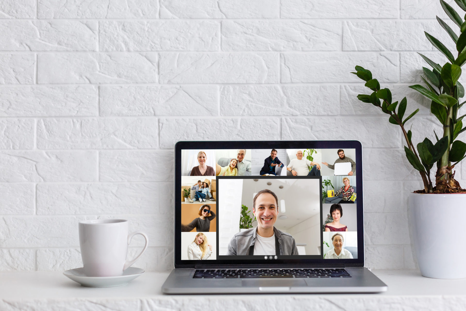 Many portraits faces of diverse young and aged people webcam view, while engaged in videoconference on-line meeting. Group video call application easy usage concept