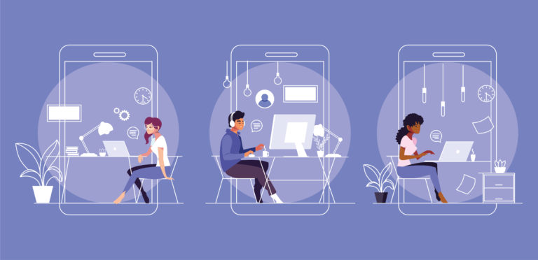 Illustration of three professionals working remotely sitting at their desks typing on their laptop