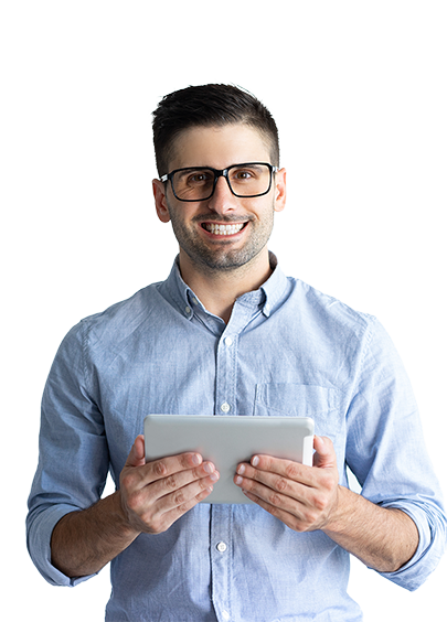 Professional man smiling with tablet