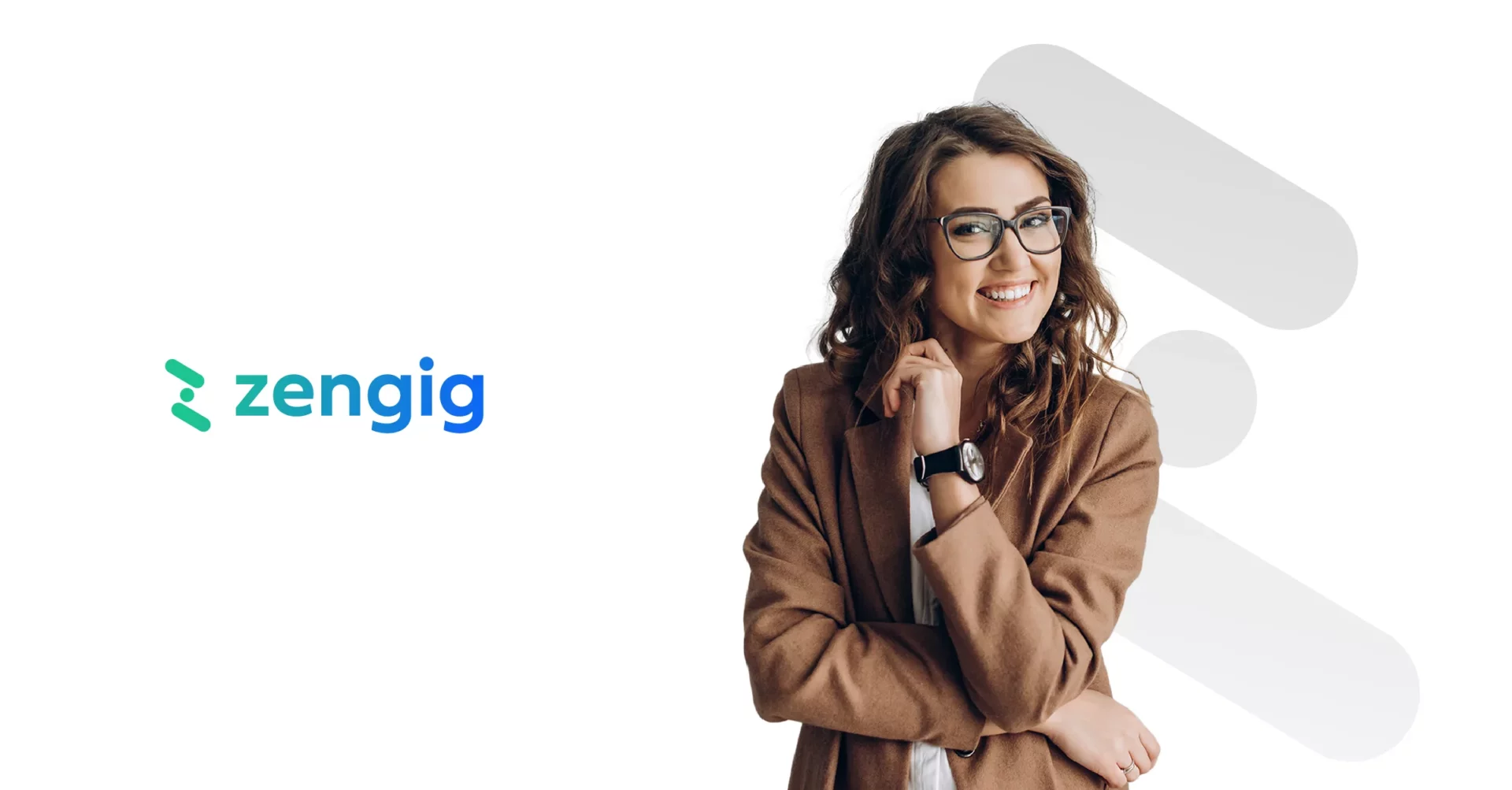 Female professional wearing a suit standing next to the zengig logo