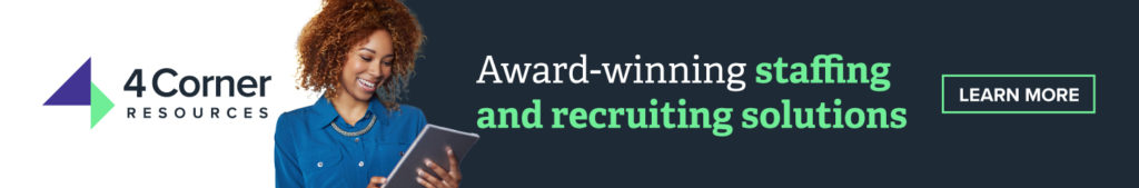 white and navy 4 Corner Resources banner that says award-winning staffing and recruiting solutions with learn more button