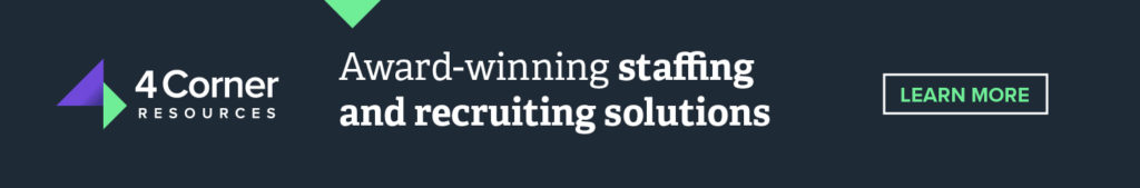 Navy 4 Corner Resources banner that says award-winning staffing and recruiting solutions with learn more button
