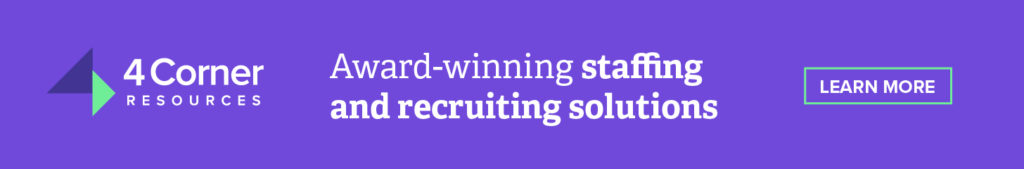 Purple 4 Corner Resources banner that says award-winning staffing and recruiting solutions with learn more button
