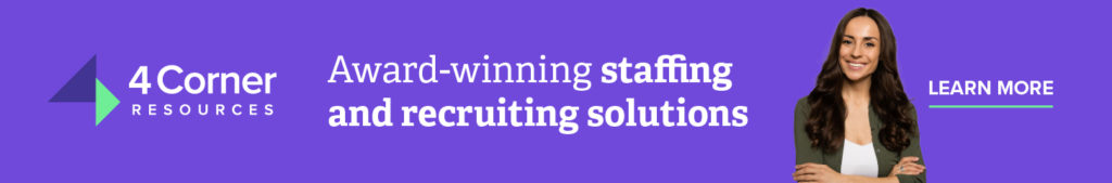 Purple 4 Corner Resources banner that says award-winning staffing and recruiting solutions with learn more button and picture of female professional