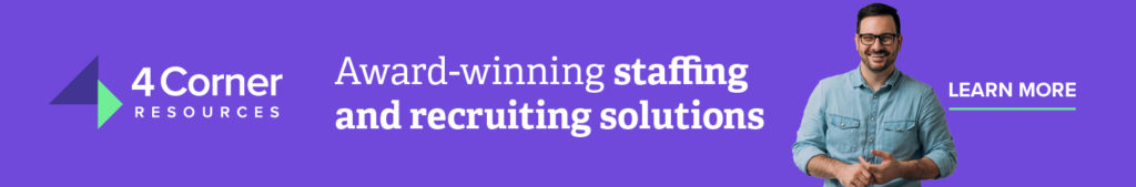 Purple 4 Corner Resources banner that says award-winning staffing and recruiting solutions with learn more button and picture of male professional