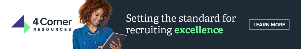 white and navy 4 Corner Resources banner that says setting the standard for recruiting excellence with picture of female professional looking at her ipad