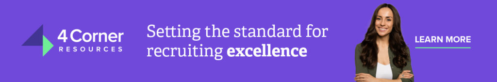 purple 4 Corner Resources banner that says setting the standard for recruiting excellence with picture of female professional