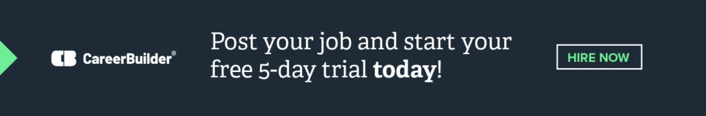 CareerBuilder affiliate banner that says post your job and start your free 5-day trial today