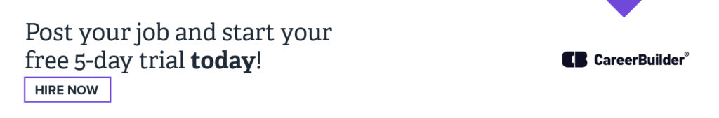 white CareerBuilder affiliate banner that says post your job and start your free 5-day trial today
