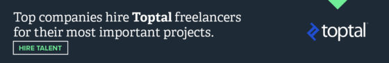 Navy toptal affiliate banner that says top companies hire Toptal freelancers for their most important projects with hire talent button