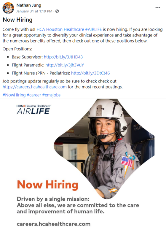 HCA Houston Healthcare now hiring social media post example with picture of a female flight nurse.