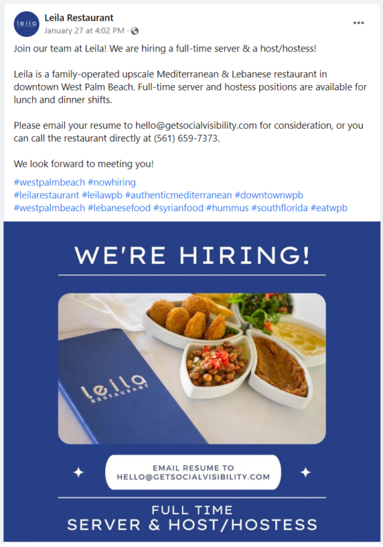 Leila restaurant social media job ad with picture of menu and a few appetizers