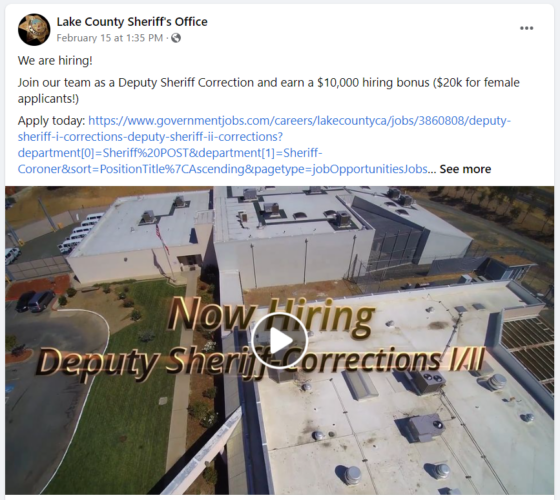 Lake County Sheriff's office hiring social media post with video of their facility 
