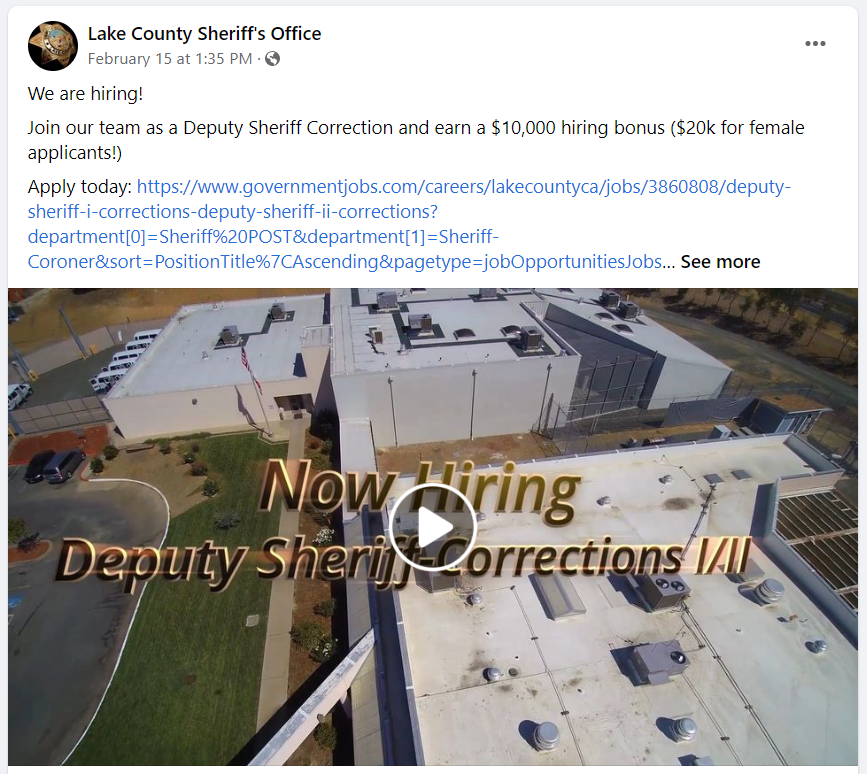 Lake County Sheriff's office hiring social media post with video of their facility
