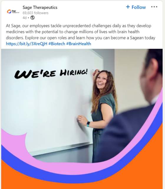 Sage Therapeutics we are hiring social post with a picture of a female professional writing on a bulletin board 