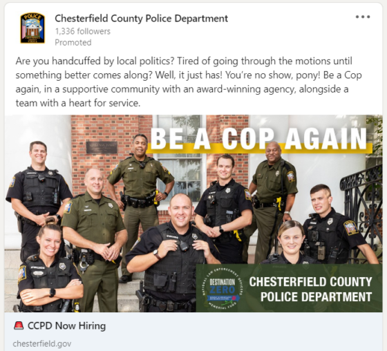 Chesterfield County Police Department social post for cop job opening