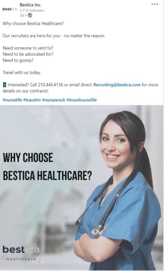 Bestica job ad for social media with picture of a female nurse in scrubs