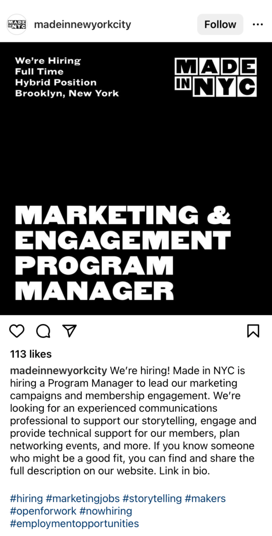 Made in NYC job ad on social media that is in black and white saying they are look for a full-time marketing and engagement program manager
