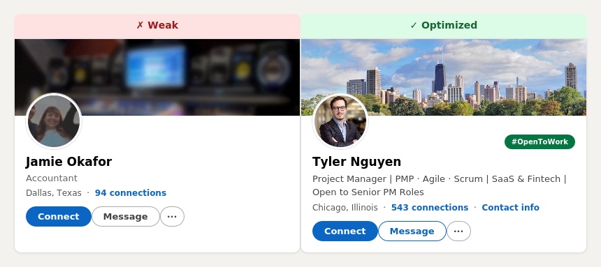 Comparison chart showing mockup of a weak versus optimized LinkedIn profile photo and banner