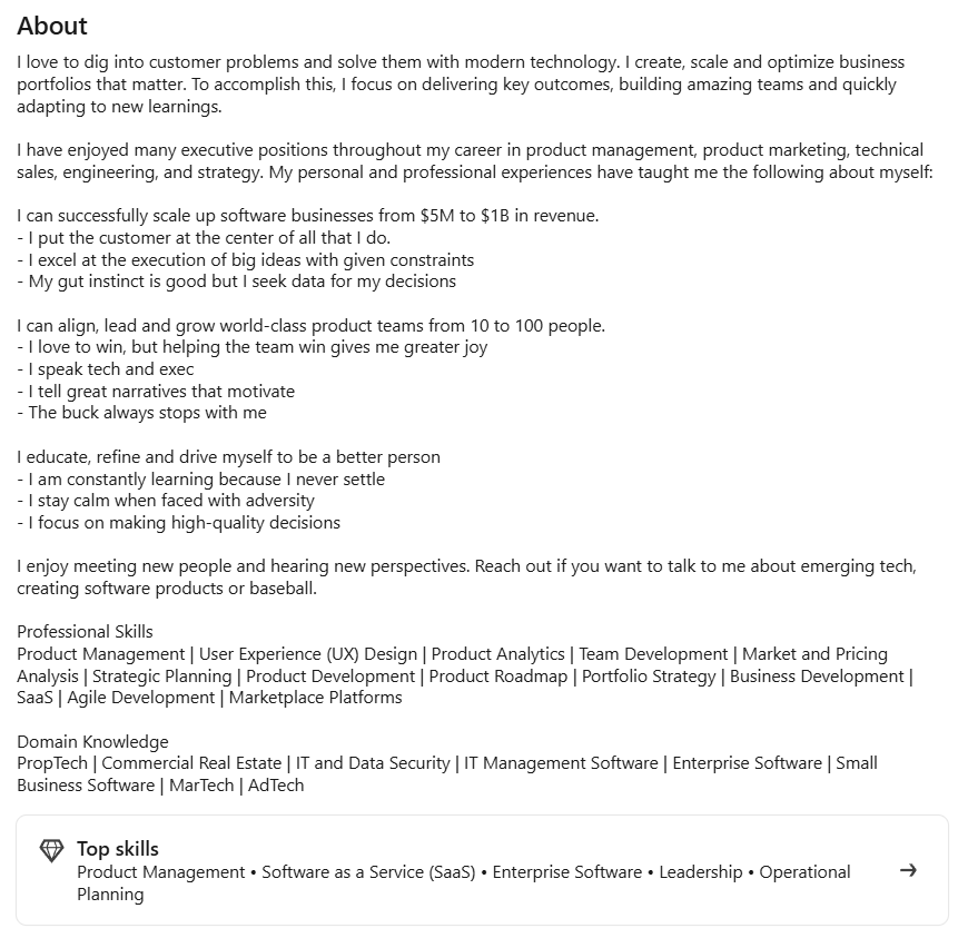 Screenshot of LinkedIn About section example