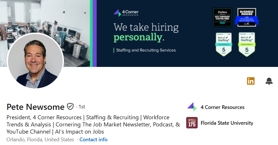Screenshot of Pete Newsome's LinkedIn headline