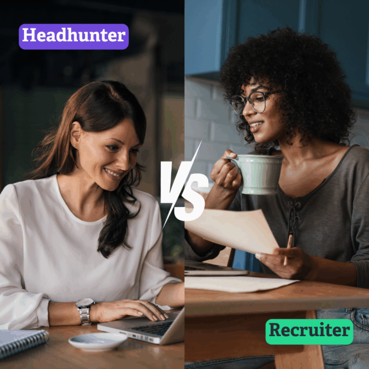 Split-screen image comparing a headhunter and a recruiter. On the left, a professional woman labeled “Headhunter” works on a laptop, while on the right, a woman labeled “Recruiter” reviews papers and drinks from a mug. The text “VS” highlights the contrast between the two roles.