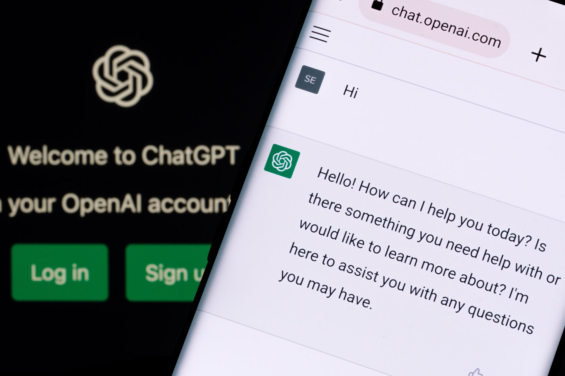 ChatGPT chat bot screen seen on smartphone and laptop display