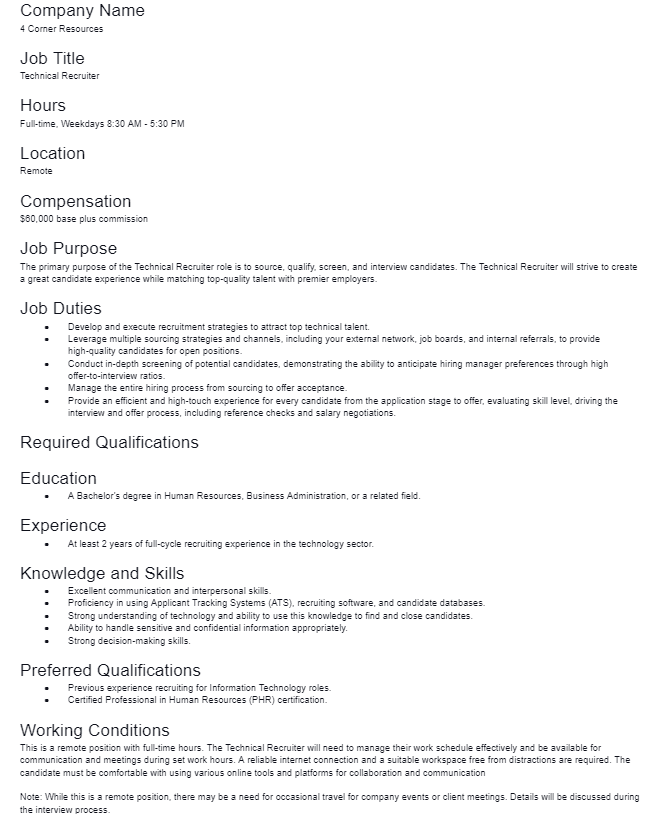Example of a job description from ChatGPT