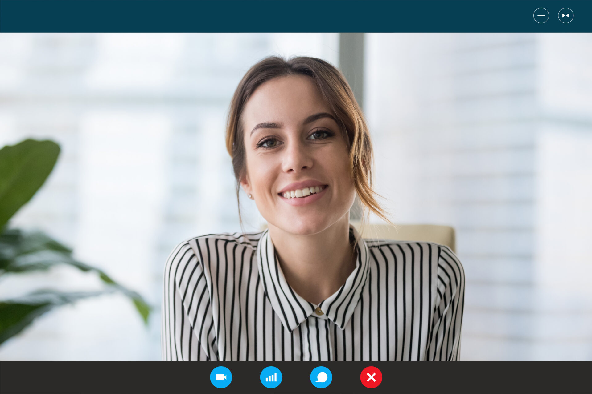 Pc screen view, head shot portrait woman professional records asynchronous video interview while looking at webcam