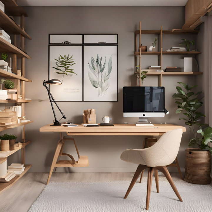 A beautifully designed home office featuring a wooden desk with an iMac, a modern beige chair, and neatly arranged bookshelves. The space is decorated with potted plants, framed botanical artwork, and warm lighting, creating a cozy and productive work environment.