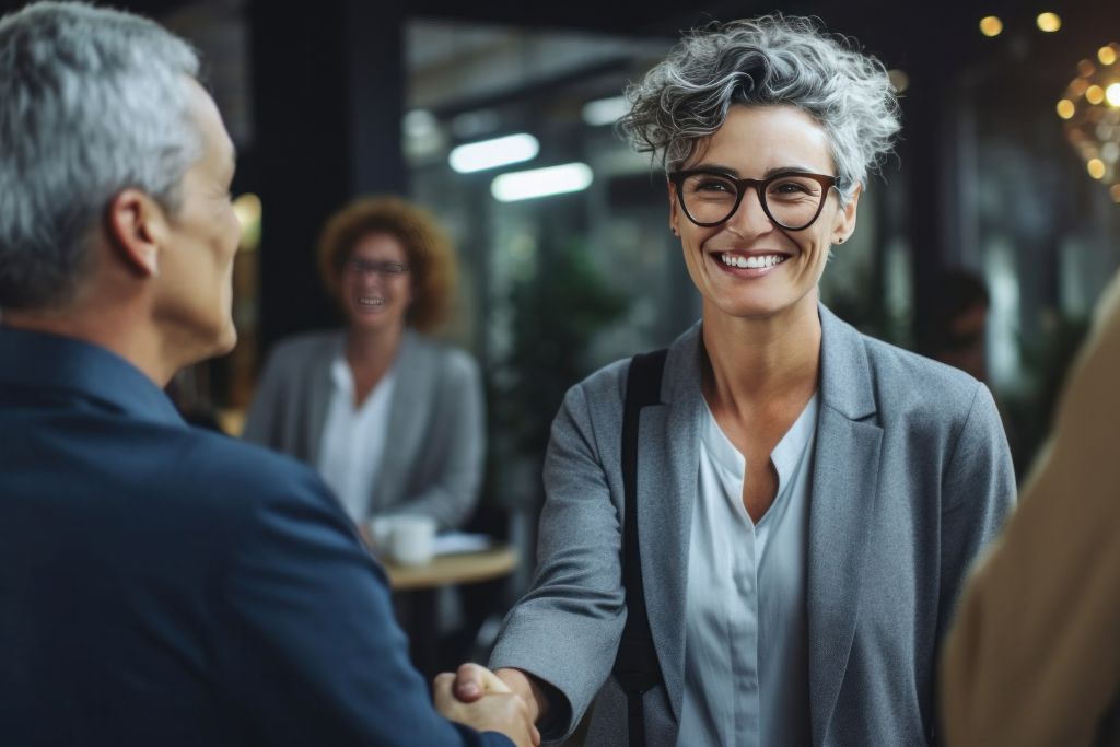 Woman professional in a suit shaking hands with a recruiter for a c-level position in a modern office