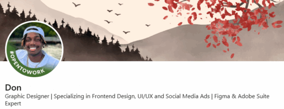 Don's LinkedIn headline stating graphic designer specializing in Frontend design, ui/ux and social media ads Figma and Adobe Suite