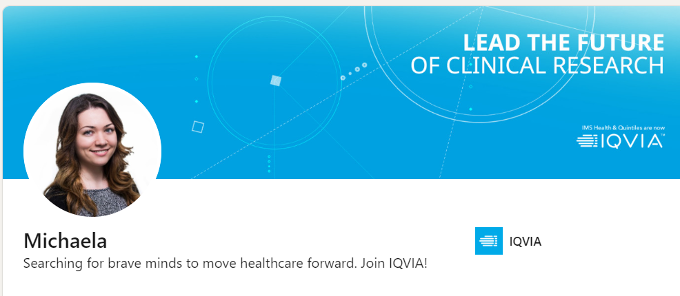 Michaela's LinkedIn headline that states searching for brave minds to move healthcare forward