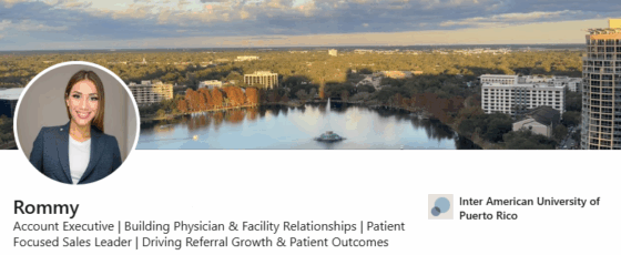 Rommy's LinkedIn headline that states account executive building physician and facility relationships. Patient focused sales leader