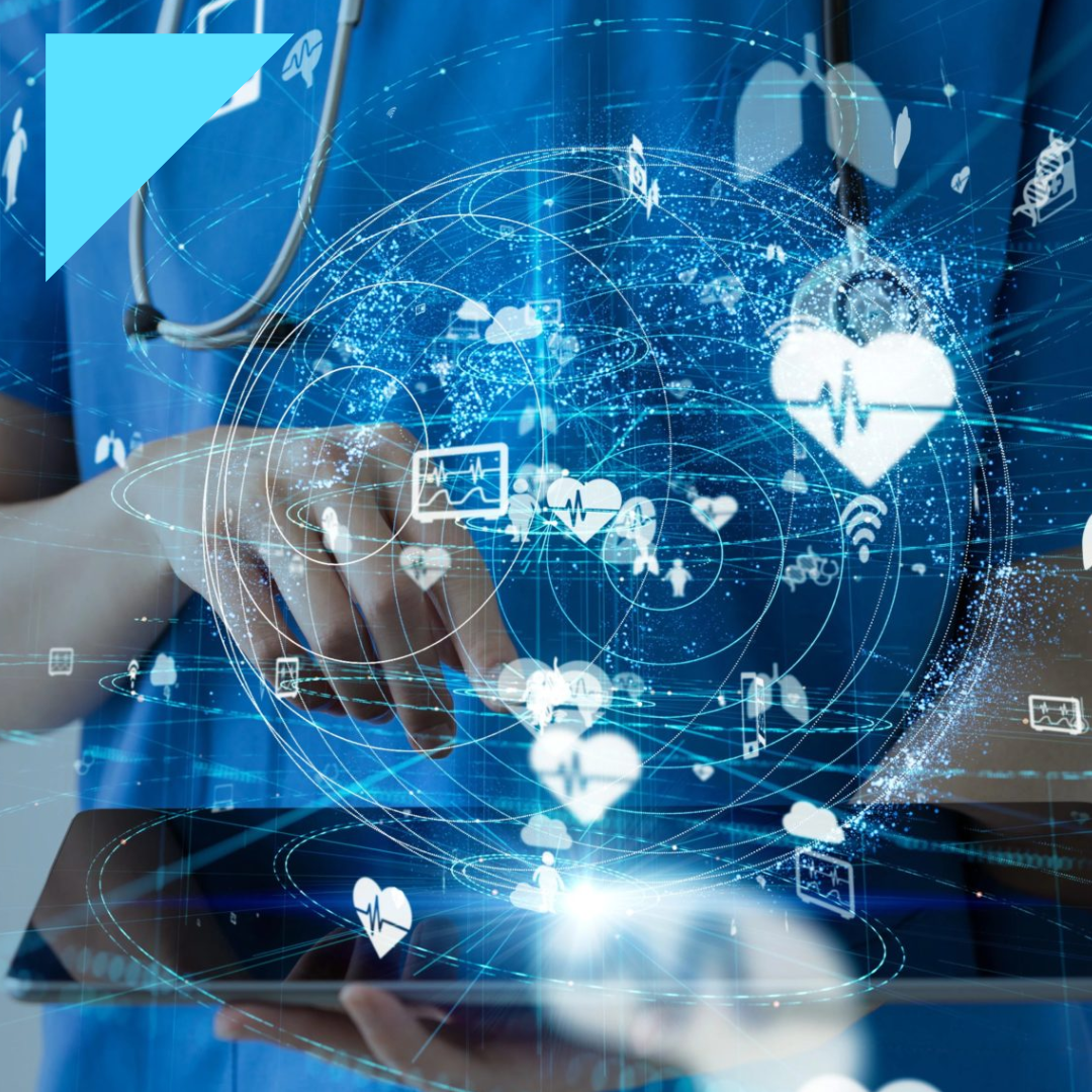 Healthcare professional using digital recruitment technology, with virtual healthcare data, heart icons, and connected medical analytics displayed over a tablet screen.