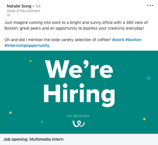 Hiring announcement graphic with bold white text reading ‘We’re Hiring’ on a teal background, shared in a Facebook post advertising a Multimedia Intern position.