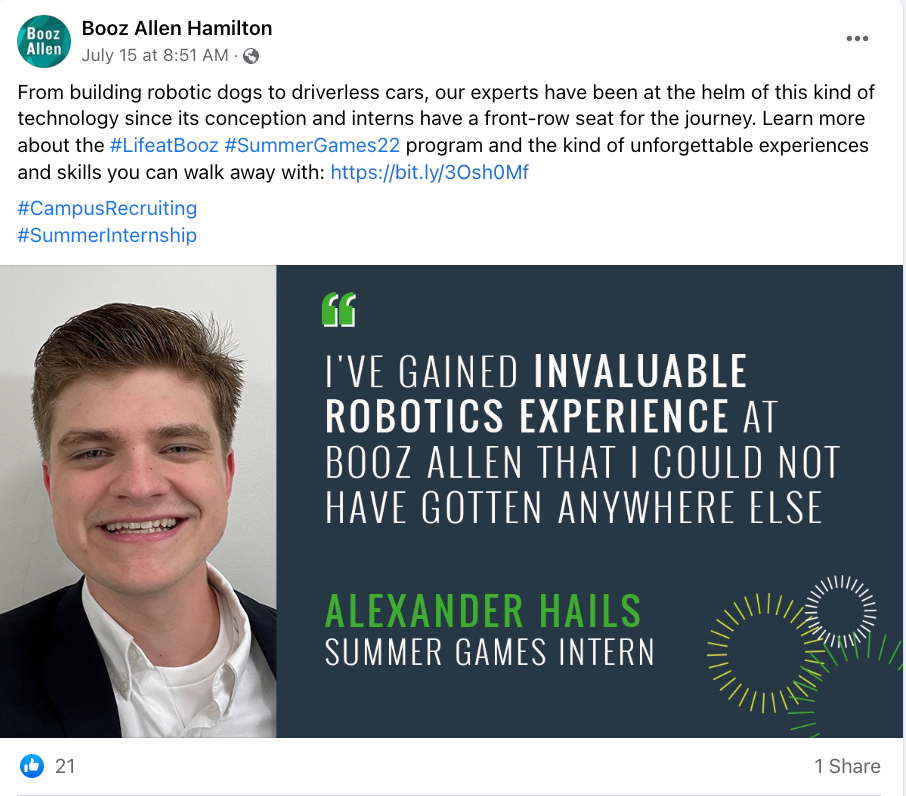 Booz Allen Hamilton Facebook post featuring a testimonial graphic with a headshot of a smiling male intern next to a quote about gaining invaluable robotics experience, attributed to Alexander Hails, Summer Games Intern.