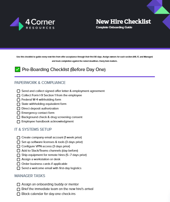 preview of the 4cr new hire checklist page one - preboarding
