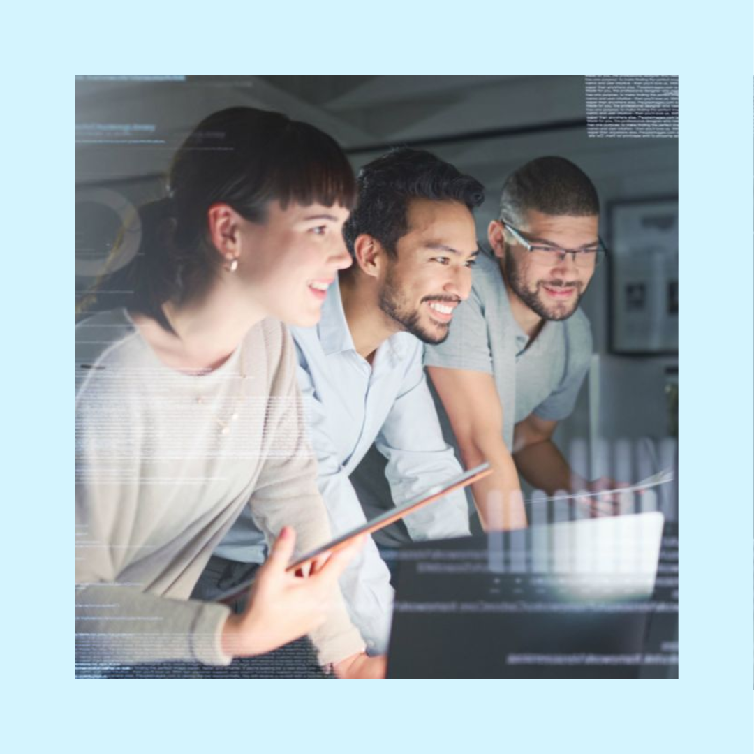 Three IT recruiters with computer screen and clipboard. Code overlay, futuristic and collaboration, meeting with team