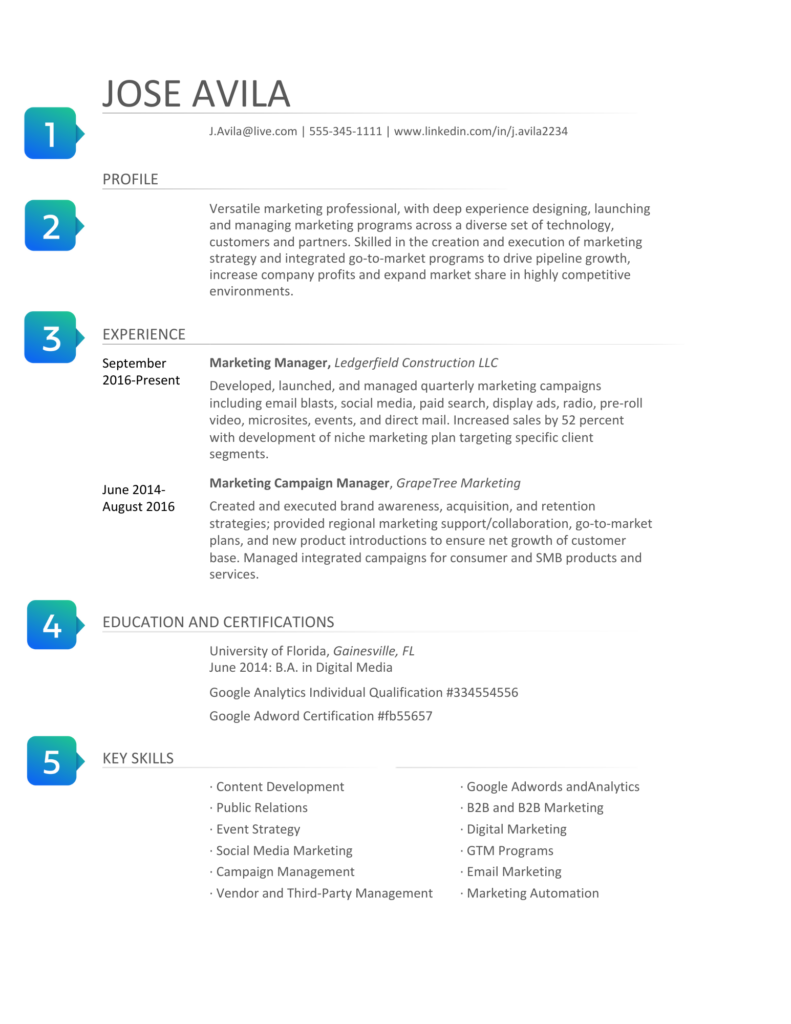Sample chronological resume showcasing contact, objective, experience, education, and key skills