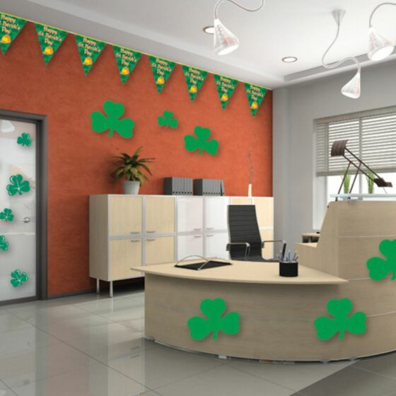 office reception area with St Patrick's day décor, like shamrocks and quotes