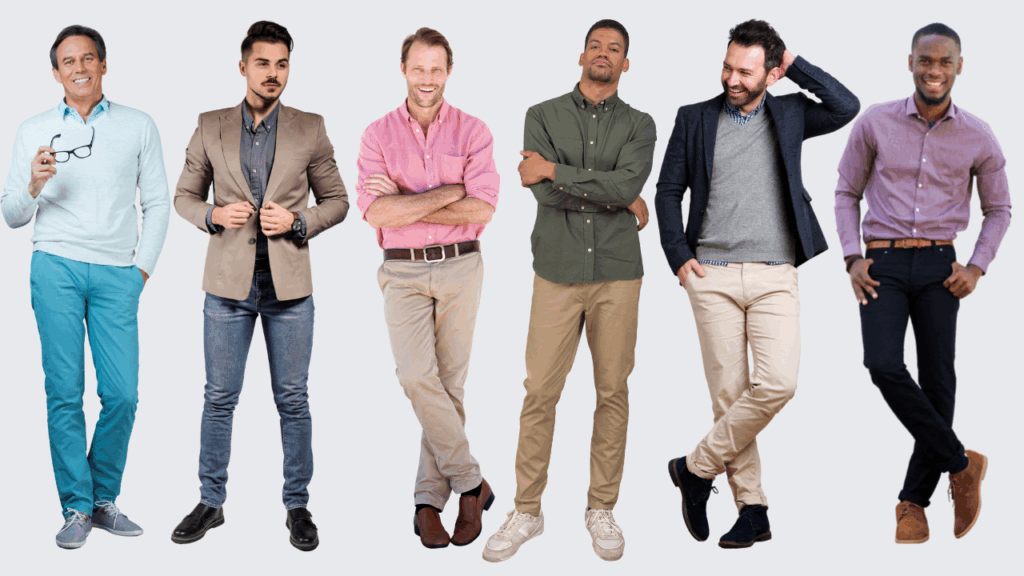 Business Casual Men Men wearing a range of business casual outfits, including chinos, button-down shirts, sweaters, blazers, and smart casual shoes.