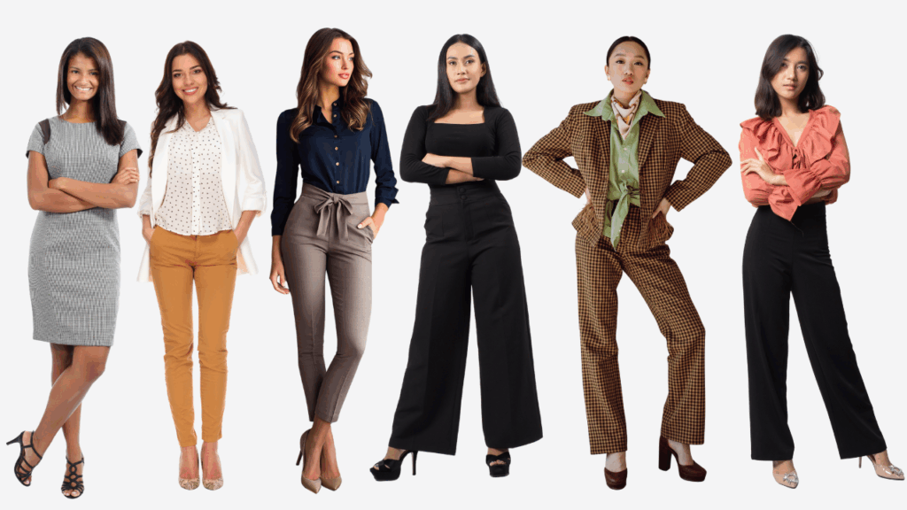Business Casual Women Women wearing a variety of business casual outfits, including dresses, blouses, slacks, and tailored separates, showcasing modern workplace attire.
