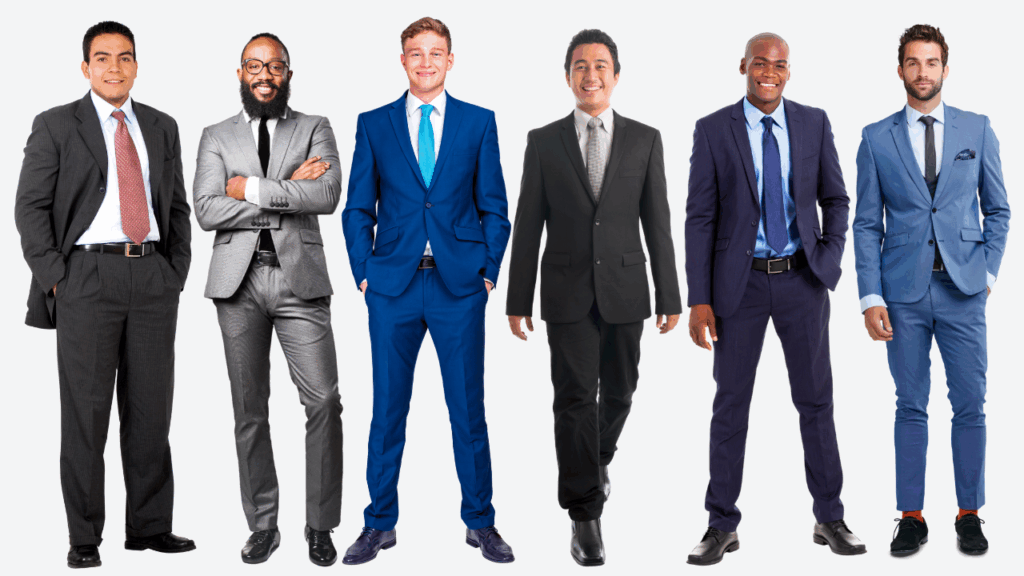Business Professional Men Men dressed in business professional attire, wearing tailored suits, dress shirts, ties, and formal dress shoes.