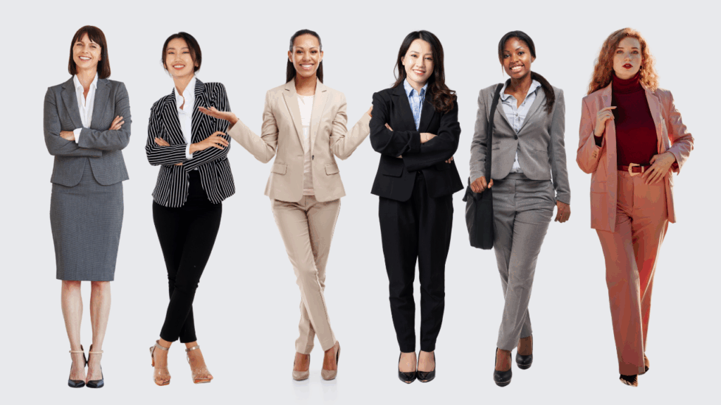 Business Professional Women Women dressed in business professional attire, including tailored suits, blazers, pencil skirts, and formal trousers suitable for corporate workplaces.